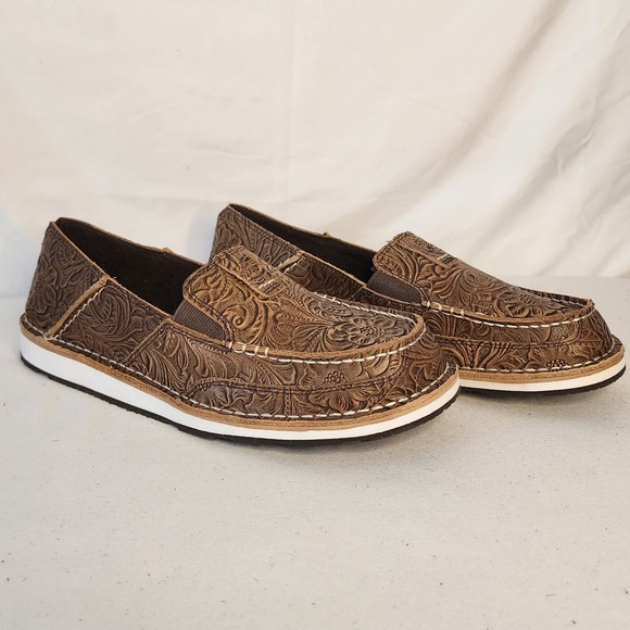 Ariat Women's Brown Leather Floral Tooled Slip On Loafers Casual Shoes Size 9.5B - Picture 1 of 6